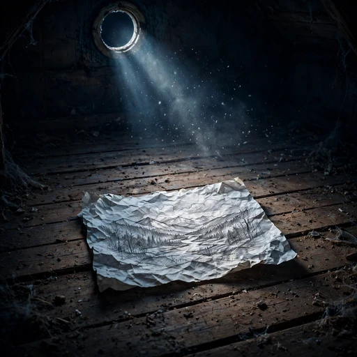 Crumpled pencil sketch on attic floorboards in moonlight, melancholic profile picture