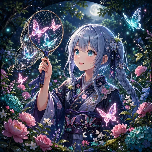 anime girl catching glowing crystal butterflies in moonlit garden anime dp