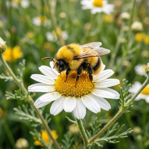 A fluffy bee rests on a chamomile flower with tiny pollen specks