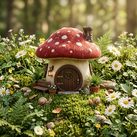 A tiny whimsical mushroom cottage with a round door sits among moss and daisies, soft 3D miniature