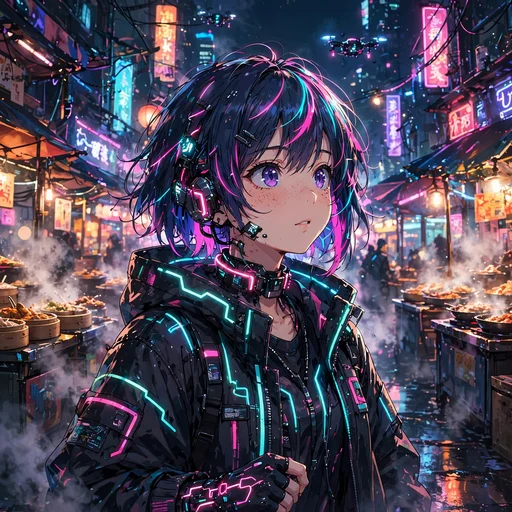 Cyberpunk anime girl with glowing accents exploring a neon night market full of signs and steam