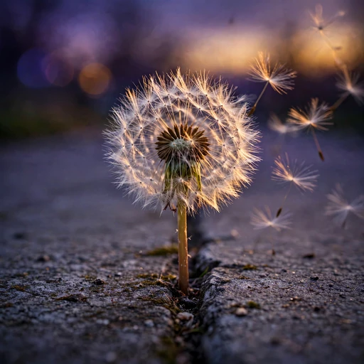 Dandelion seed head in a cracked sidewalk at dusk, melancholic profile picture