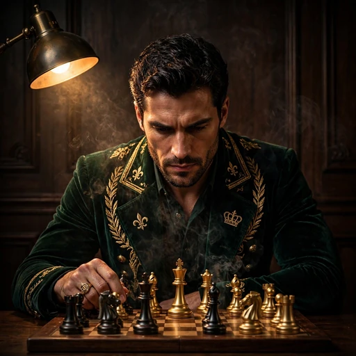 Man in dark room studying chessboard under lamp light, attitude WhatsApp DP