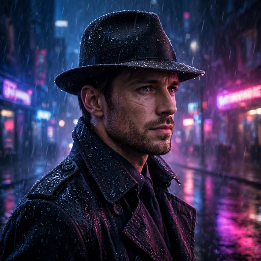 dashing detective in rainy neon city