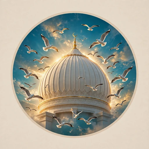 Ivory mosque dome at dawn with circling seagulls against turquoise sky, square Islamic DP