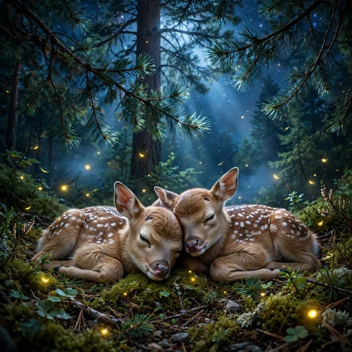 Two baby deer fawns napping together under a moonlit pine tree, friendship WhatsApp DP