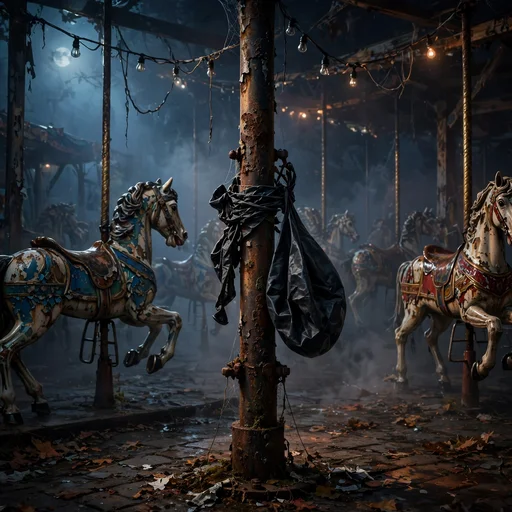 Deflated black balloon caught on a rusted carousel pole in an abandoned foggy night fairground, sad WhatsApp DP