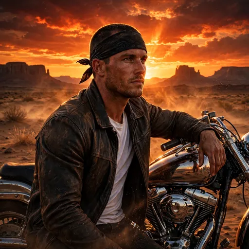 rugged biker leaning on motorcycle at desert sunset