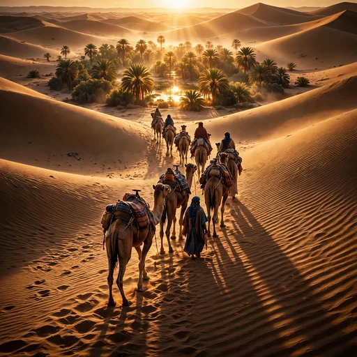 Camel caravan crossing golden dunes toward a glowing oasis at sunrise, square motivational profile picture