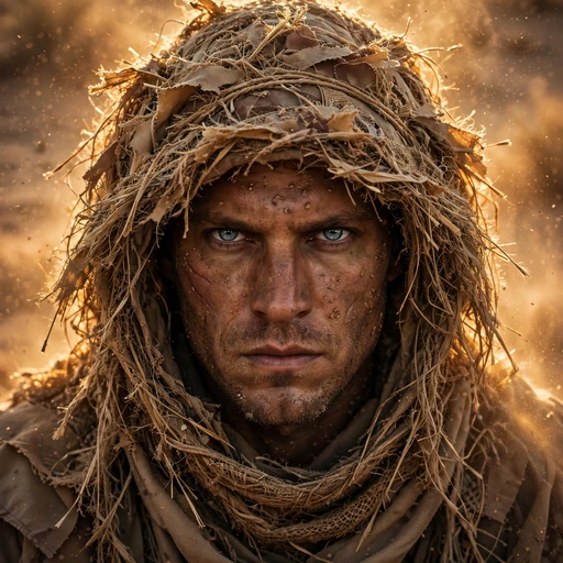 Sniper in desert ghillie hood with piercing eyes, attitude WhatsApp DP