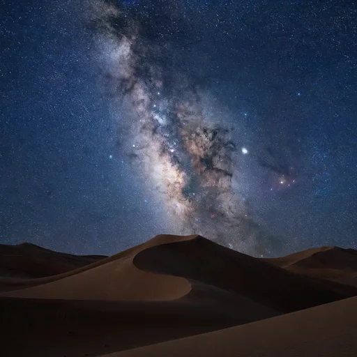 Desert night sky ablaze with the milky way over silhouetted dunes