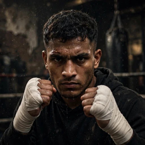 Determined fictional boxer with wrapped hands raised in a dark gritty gym