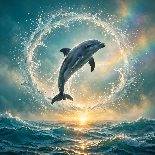 dolphin leaping through sea spray at golden sunrise, motivational wallpaper