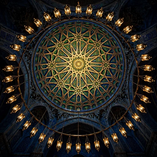 Ring of glowing brass lamps under a gold and emerald geometric mosque dome ceiling