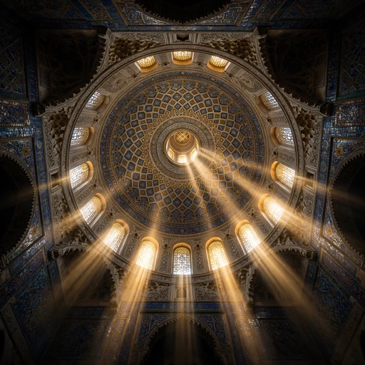 Sunbeams streaming through clerestory windows inside a grand blue and gold mosque dome, Islamic DP