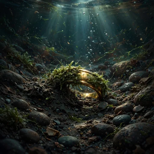 Moss-covered gold wedding ring resting on a dark riverbed under faint green-blue light rays, sad WhatsApp DP