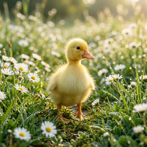 A yellow duckling stands among tiny white daisies in morning dew