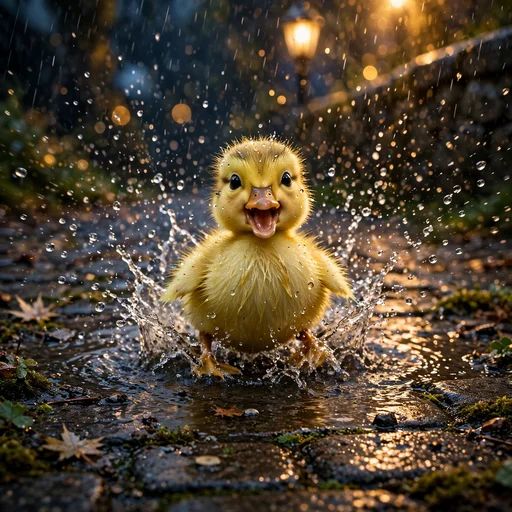 Tiny yellow duckling splashing joyfully in a rain puddle at dusk, cute WhatsApp DP