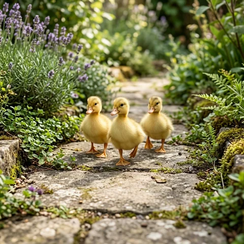 Three yellow ducklings waddle together across a little stone garden path