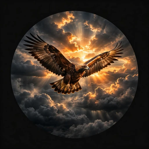 Golden eagle soaring above storm clouds at sunrise, motivational WhatsApp DP