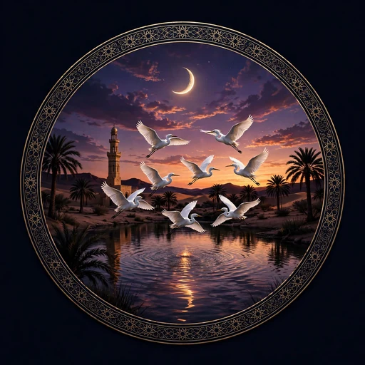 Egret Flock over a Dusk Oasis - Islamic WhatsApp DP