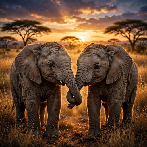 Two baby elephants linking trunks on a savanna at dusk, friendship DP