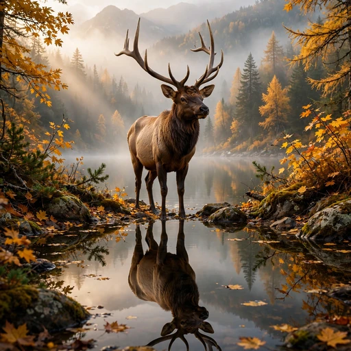 Majestic elk with large antlers reflected in a misty autumn mountain lake with golden foliage