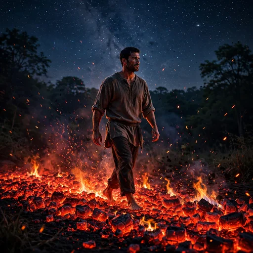 Fearless man walking across glowing red-hot coals at night under a starry sky, motivational DP