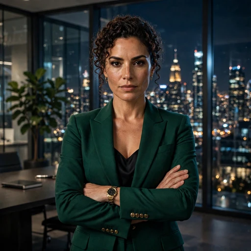 fictional adult woman ceo in emerald suit, arms crossed in night office attitude dp