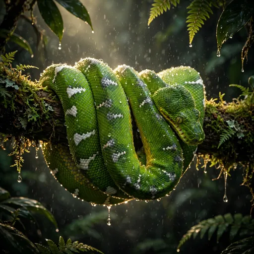 Emerald tree boa coiled on a mossy rainforest branch with water droplets, WhatsApp DP