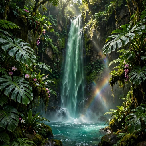 tall waterfall plunging through tropical rainforest nature dp