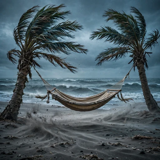 Empty hammock swaying between palms on a deserted windy grey beach, sad WhatsApp DP