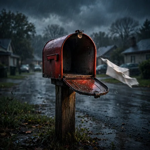 Empty mailbox with one lost letter flying away in the rain, sad DP