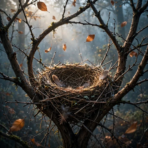 Empty bird nest in bare autumn branches with falling leaves, sad WhatsApp DP