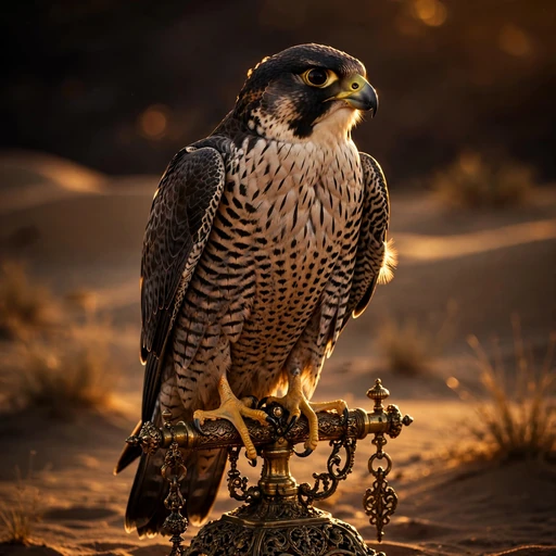 Majestic peregrine falcon with intricate barred plumage perched on an ornate brass falconry stand in golden hour desert light