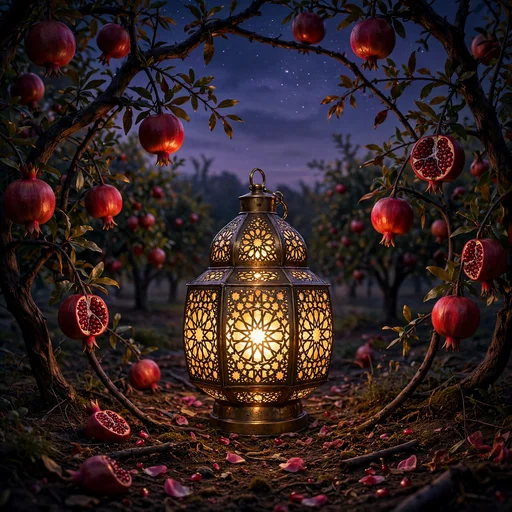 Glowing brass fanous lantern in a pomegranate orchard at dusk under a starry sky