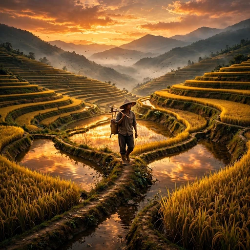 Lone farmer walking golden terraced rice fields at harvest dusk, motivational DP