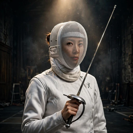 fictional adult woman fencer in mask holding epee under spotlight attitude dp