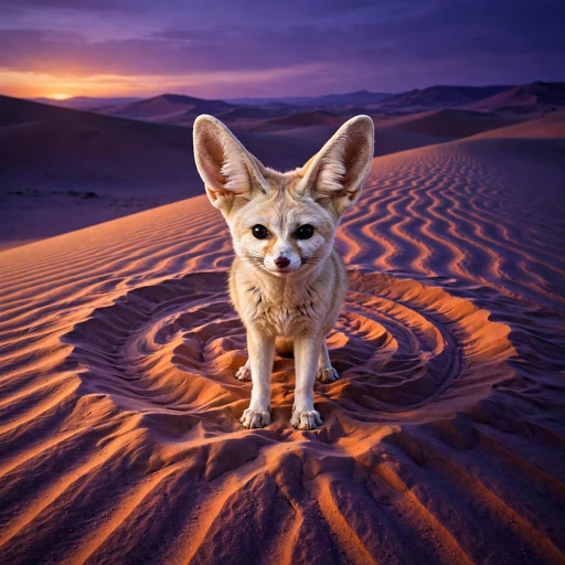 Fennec fox standing on rippled Sahara sand dune at violet dusk, nature display photo