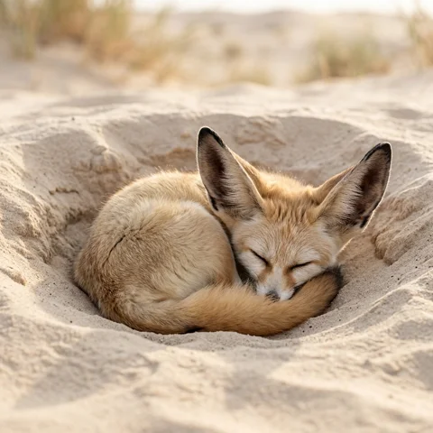 A fennec fox with large ears curls in a sheltered hollow of pale sand