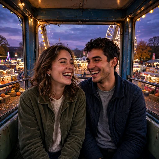 Two friends laughing in a ferris wheel cabin at an October carnival at dusk, friendship WhatsApp DP