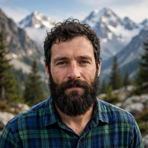Fictional bearded man in a flannel shirt with majestic mountain peaks behind him