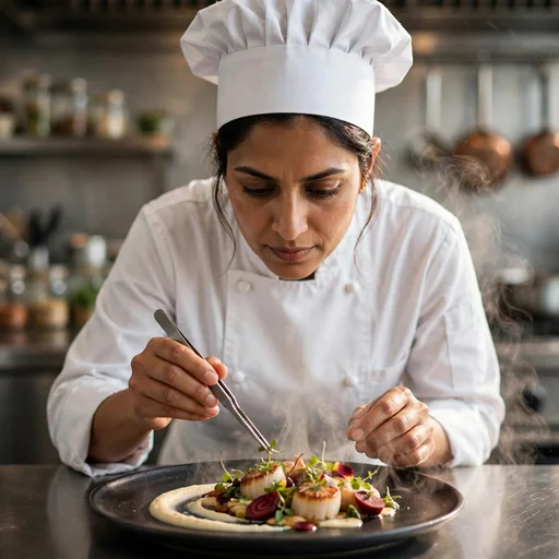 Fictional chef in crisp whites focused on plating a dish in a professional kitchen