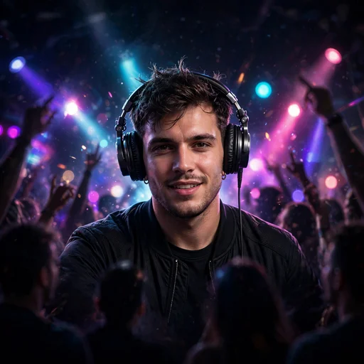Fictional DJ wearing big headphones under pulsing club lights with crowd silhouettes
