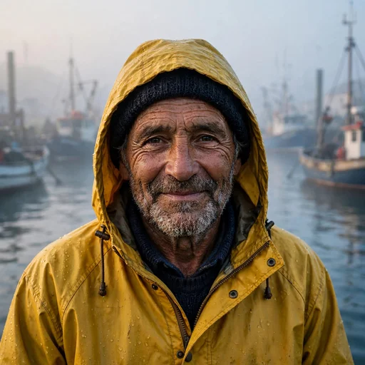 Fictional fisherman in a rain jacket at a misty harbor at dawn with boats bobbing behind