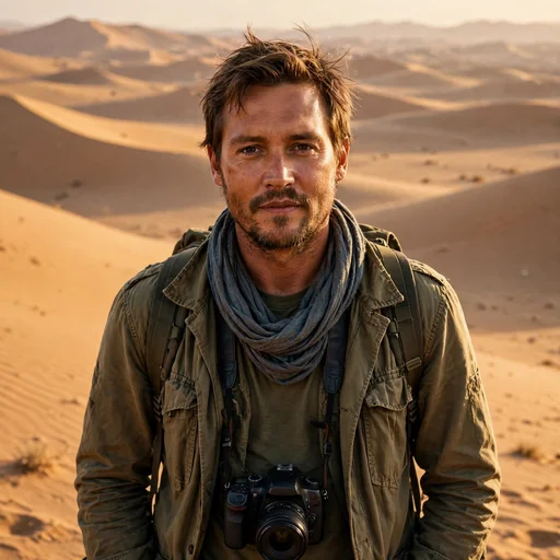 Fictional traveler with a camera around his neck standing in a vast desert with dunes stretching behind