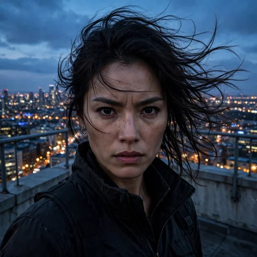 Fierce fictional woman with windblown dark hair standing on a rooftop at dusk