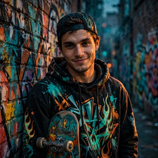 fierce street skater with graffiti background