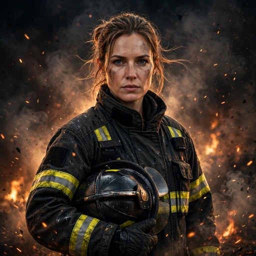 fictional adult woman firefighter standing firm in smoke with helmet under arm attitude dp