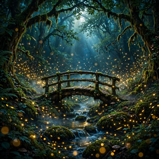 firefly-lit wooden bridge over a forest stream at night, motivational wallpaper